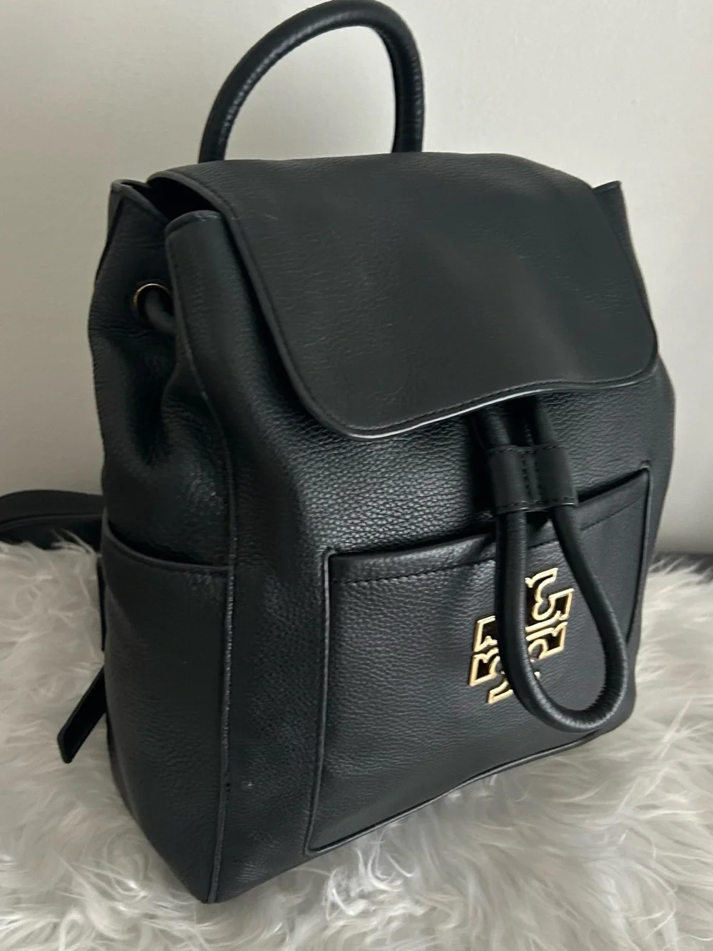 Tory Burch Black Leather Backpack Gold Logo Pebbled Convertible Bag